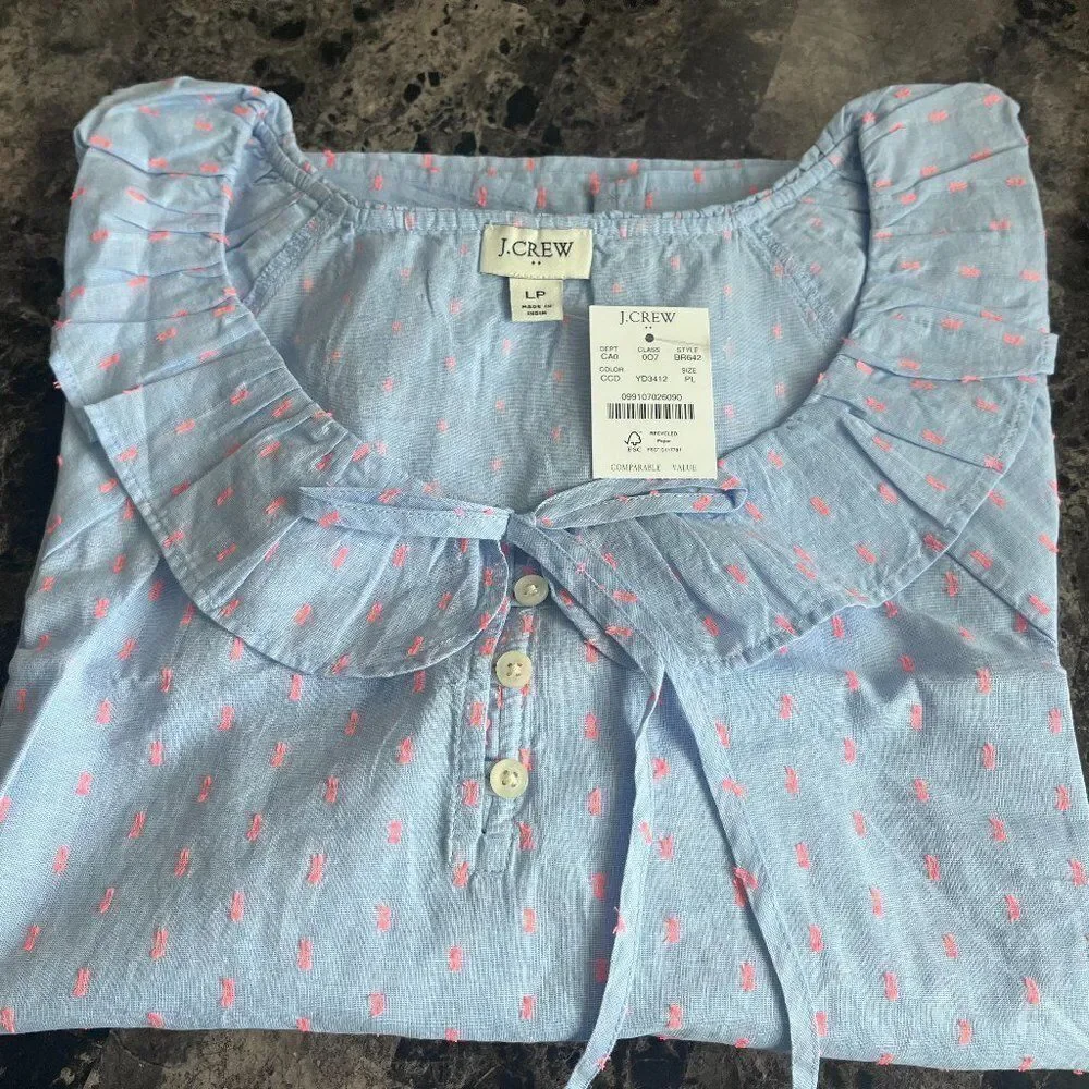 J Crew Cotton Printed Blue Top Women's Long-Sleeve Ruffle‎ Shirt Large Petite